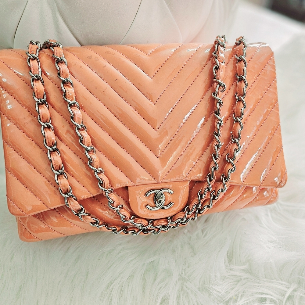 Chanel Salmon Orange Jumbo Chevron Patent Silver Hardware